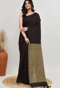 Contrast Cotton Saree in Dark Brown