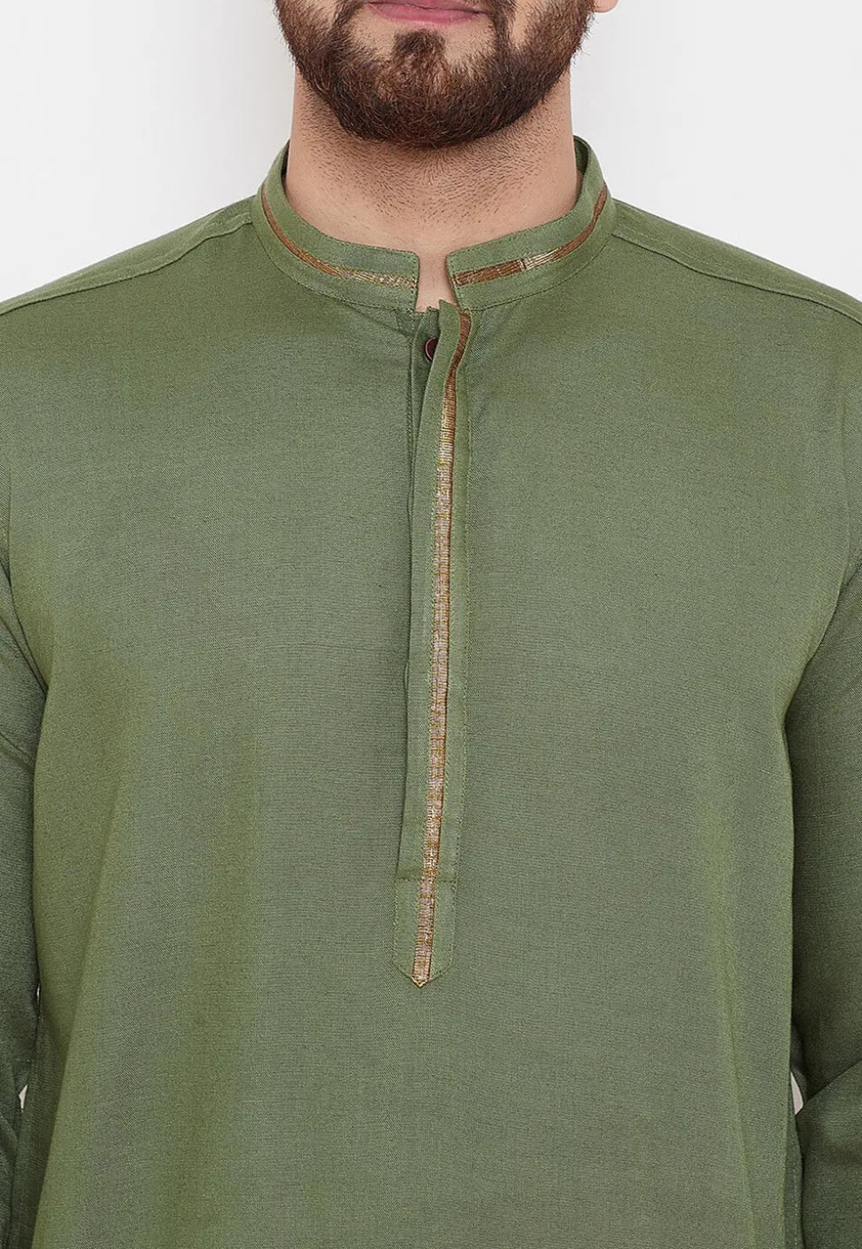 Contrast Neckline Linen Kurta in Dark Olive Green