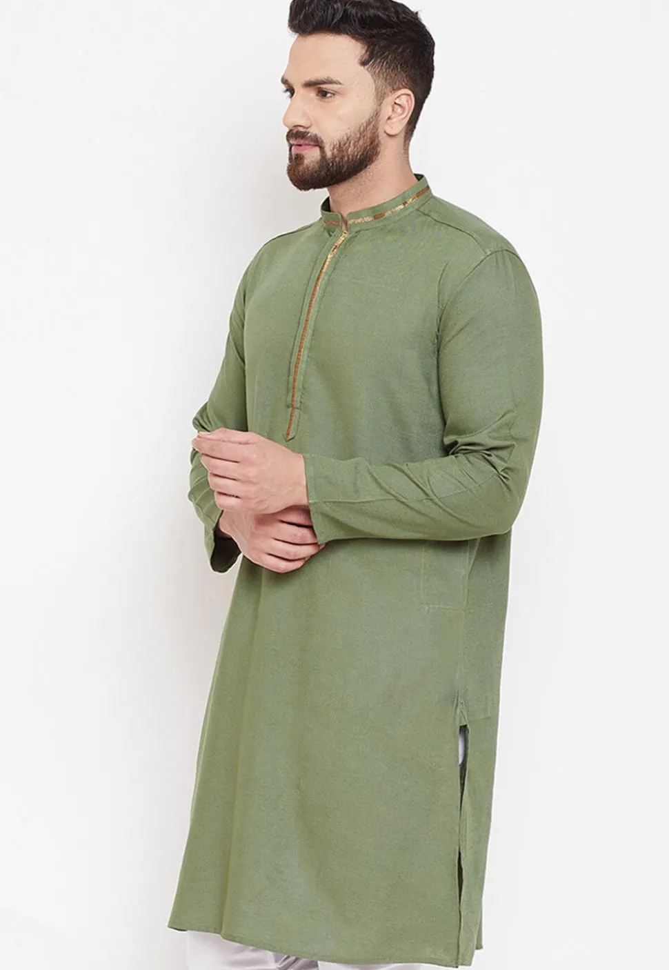 Contrast Neckline Linen Kurta in Dark Olive Green