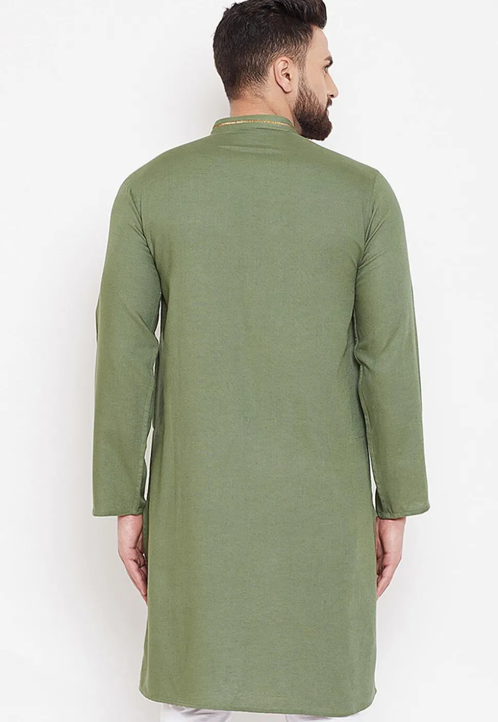 Contrast Neckline Linen Kurta in Dark Olive Green