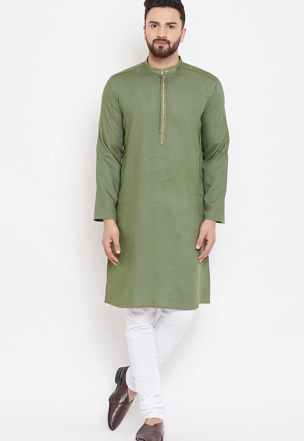 Contrast Neckline Linen Kurta in Dark Olive Green