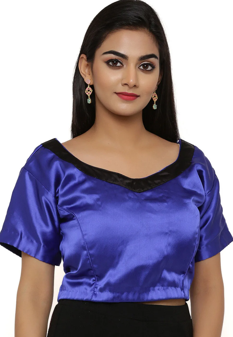 Contrast Neckline Satin Blouse in Indigo Blue
