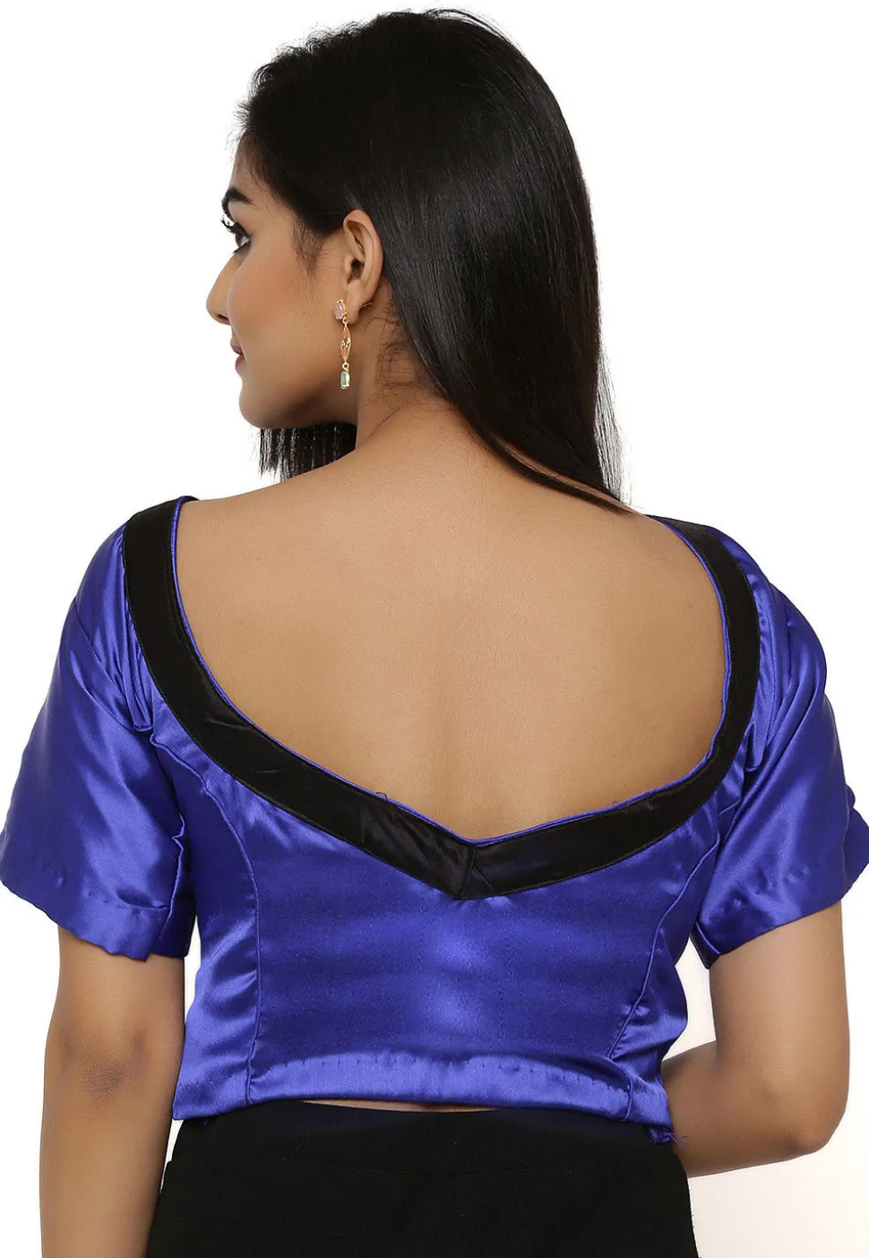 Contrast Neckline Satin Blouse in Indigo Blue