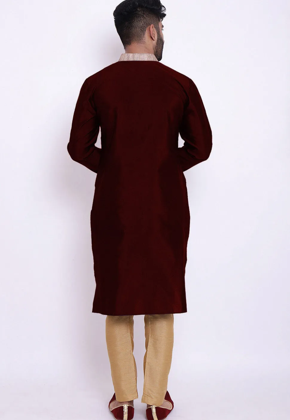 Contrast Neckline Taffeta Silk Kurta in Maroon