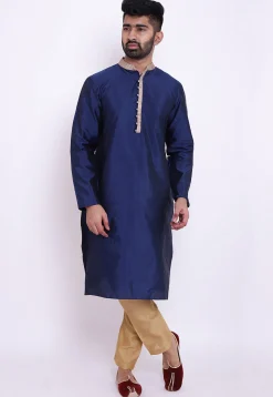 Contrast Neckline Taffeta Silk Kurta in Dark Blue