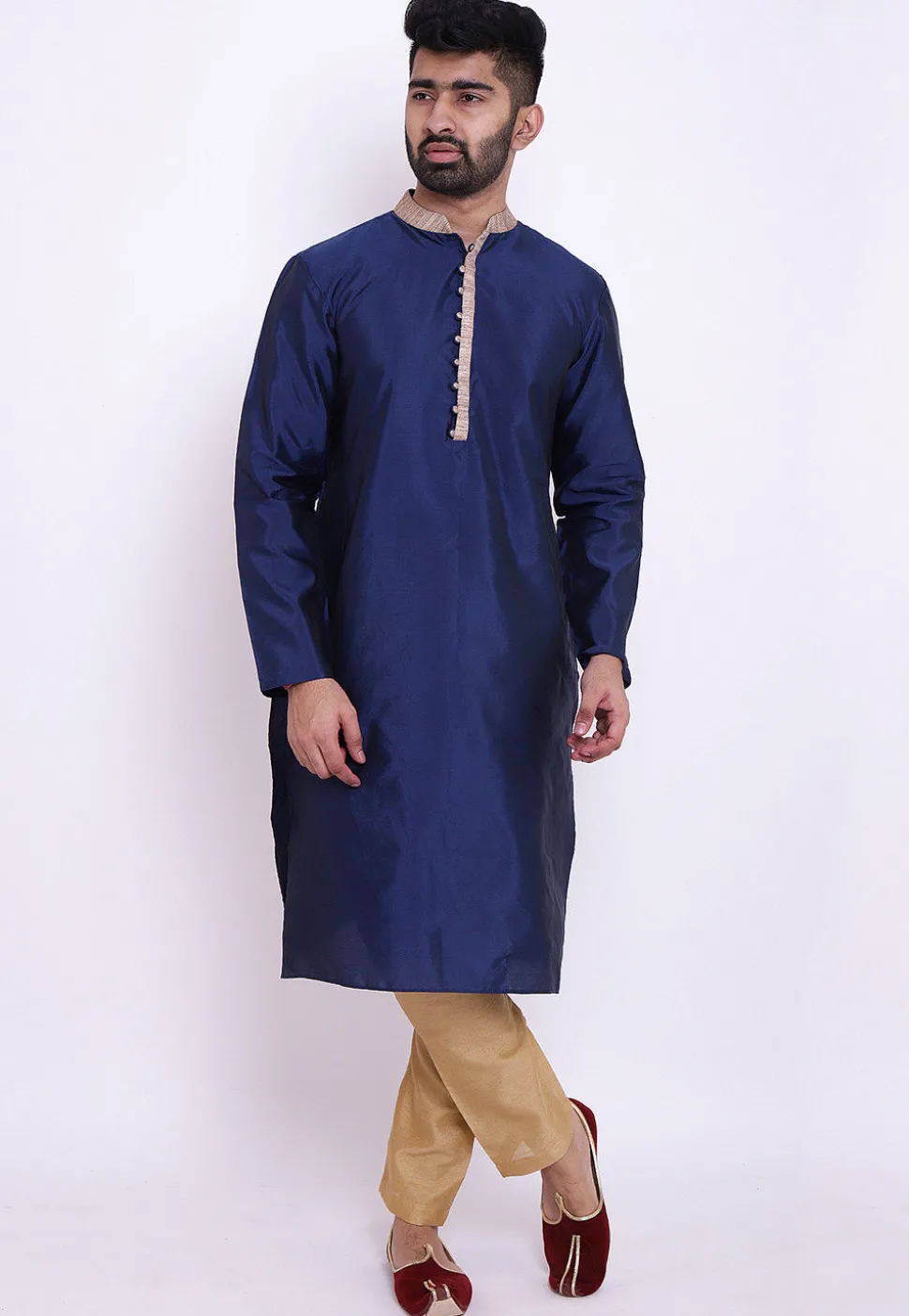 Contrast Neckline Taffeta Silk Kurta in Dark Blue