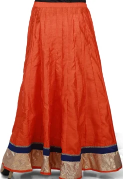 Contrast Patch Border Bhagalpuri Silk Long Skirt in Orange