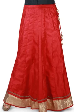 Contrast Patch Border Bhagalpuri Silk Long Skirt in Red