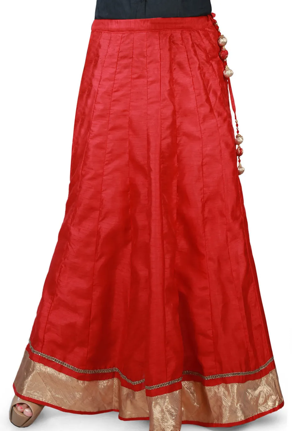Contrast Patch Border Bhagalpuri Silk Long Skirt in Red