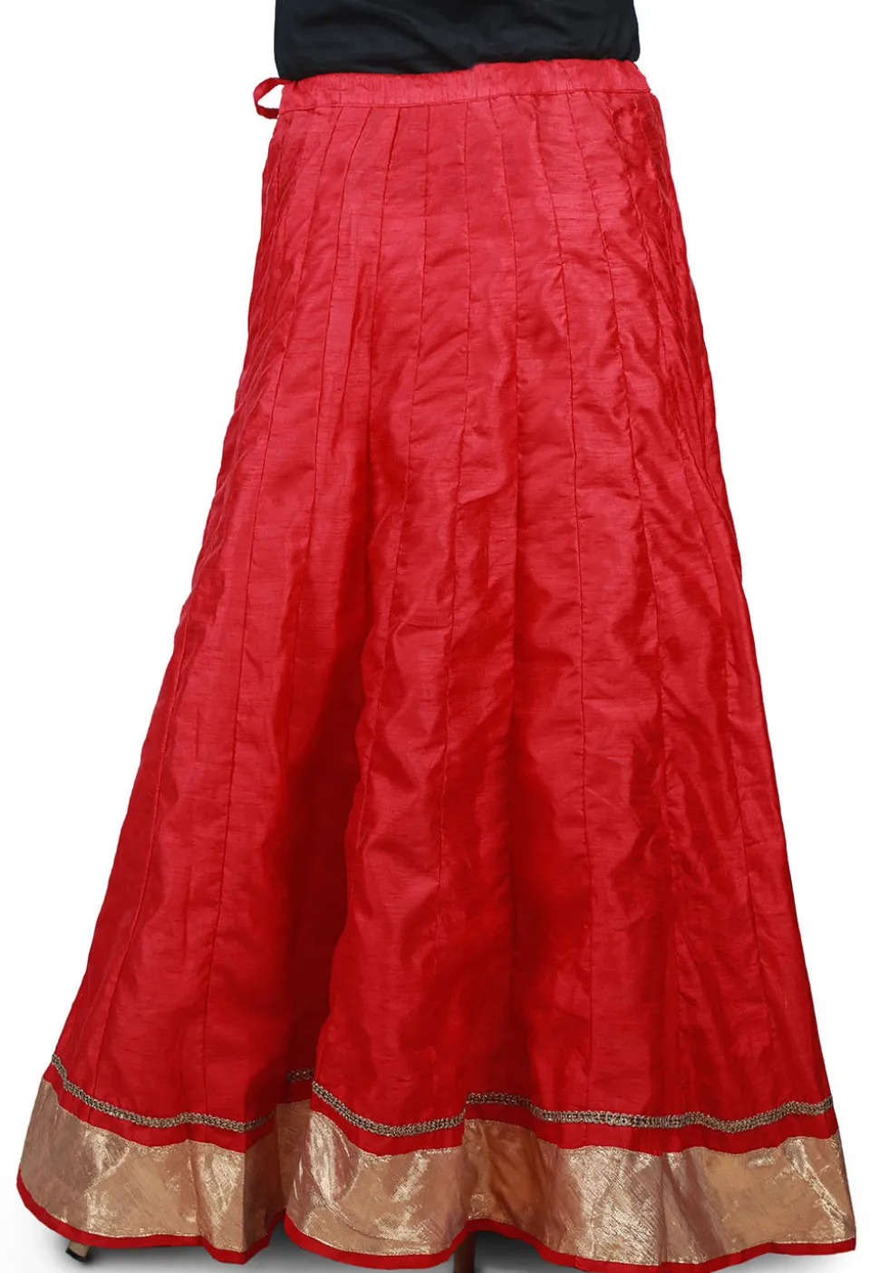 Contrast Patch Border Bhagalpuri Silk Long Skirt in Red