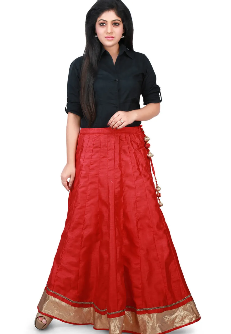 Contrast Patch Border Bhagalpuri Silk Long Skirt in Red