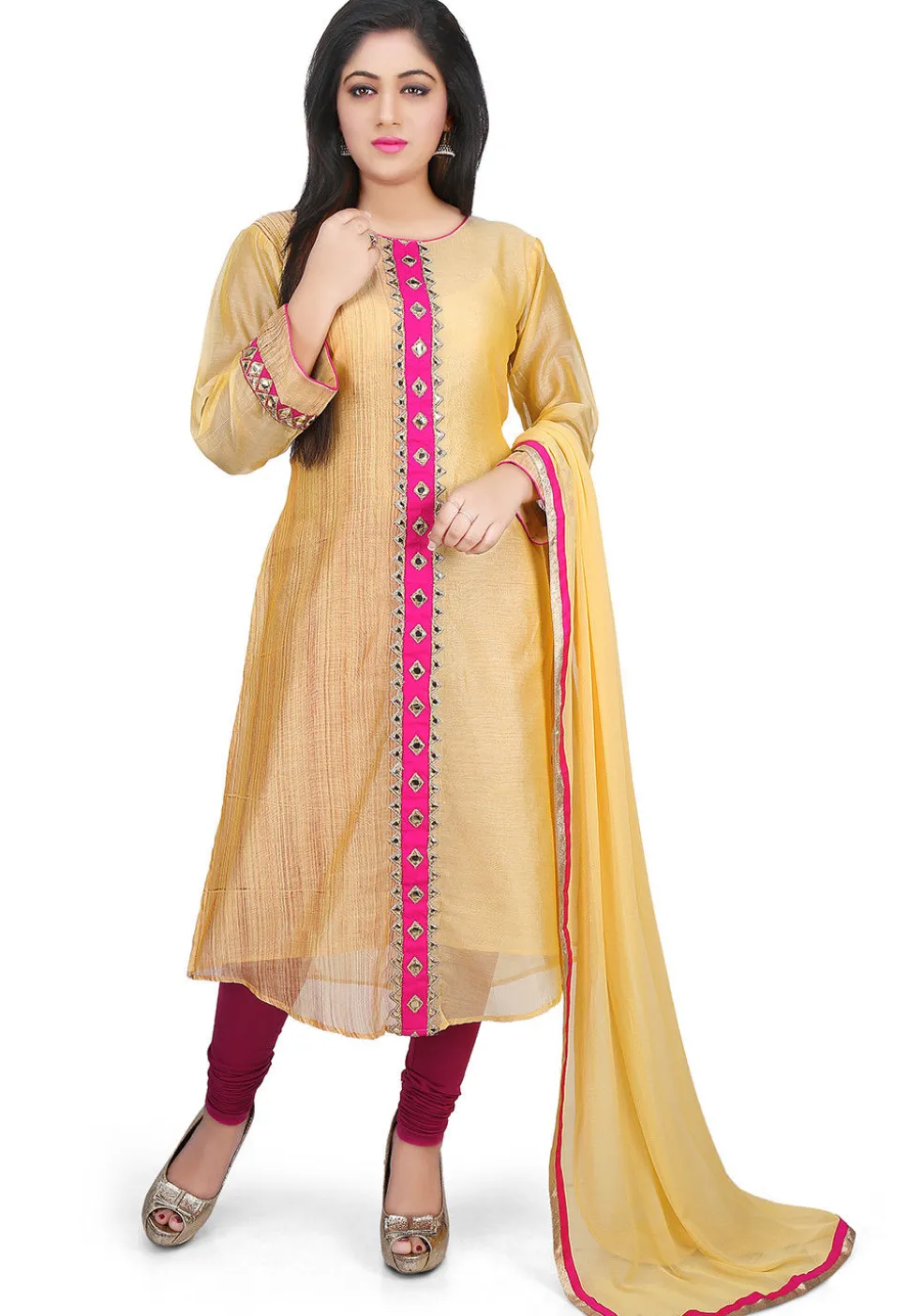 Contrast Placket Chanderi Cotton Straight Suit in Yellow