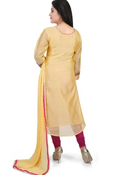 Contrast Placket Chanderi Cotton Straight Suit in Yellow