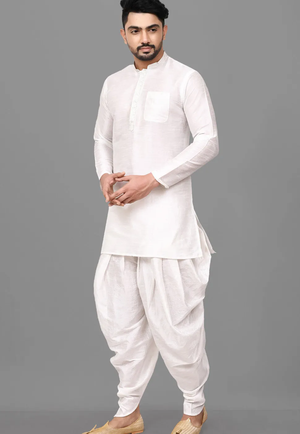 Contrast Placket Dupion Silk Short Kurta Set in White