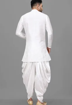 Contrast Placket Dupion Silk Short Kurta Set in White