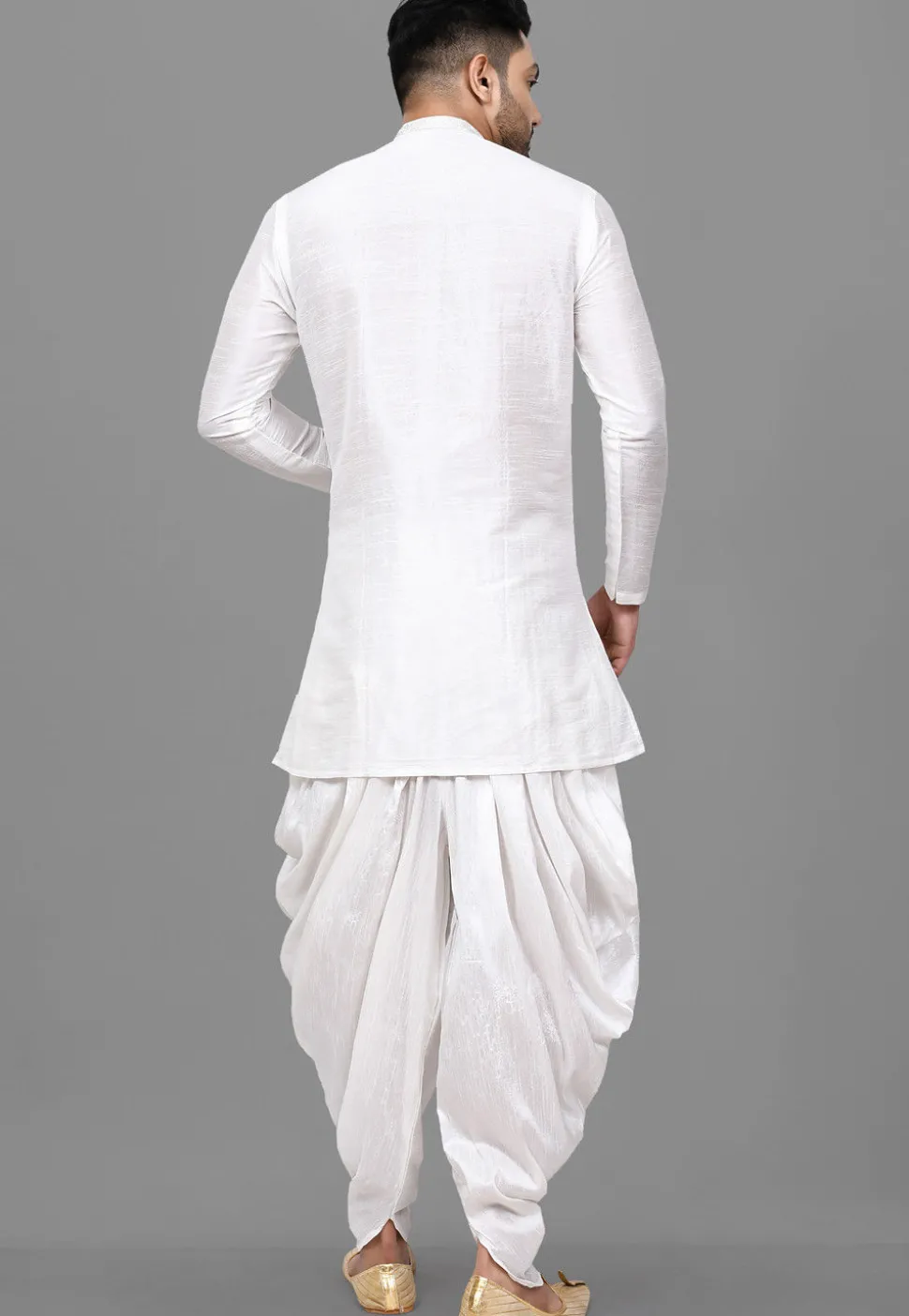 Contrast Placket Dupion Silk Short Kurta Set in White