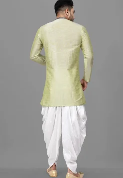 Contrast Placket Dupion Silk Short Kurta Set in Pastel Green