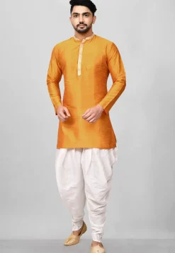 Contrast Placket Dupion Silk Short Kurta Set in Orange