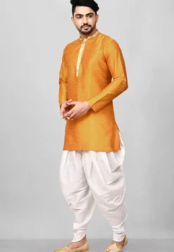 Contrast Placket Dupion Silk Short Kurta Set in Orange