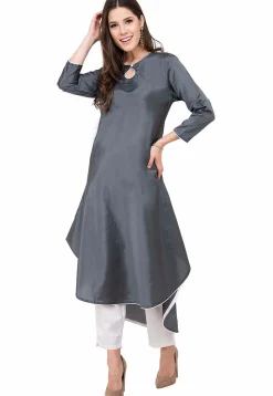 Contrast Trim Art Silk Asymmetric Kurta in Grey
