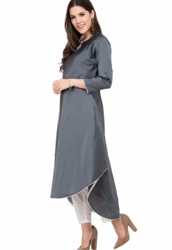 Contrast Trim Art Silk Asymmetric Kurta in Grey