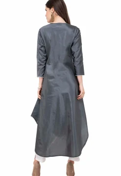 Contrast Trim Art Silk Asymmetric Kurta in Grey
