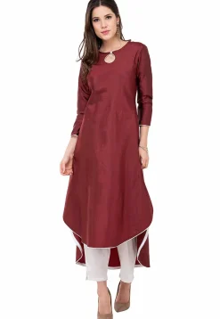 Contrast Trim Art Silk Asymmetric Kurta in Maroon