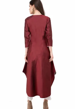 Contrast Trim Art Silk Asymmetric Kurta in Maroon
