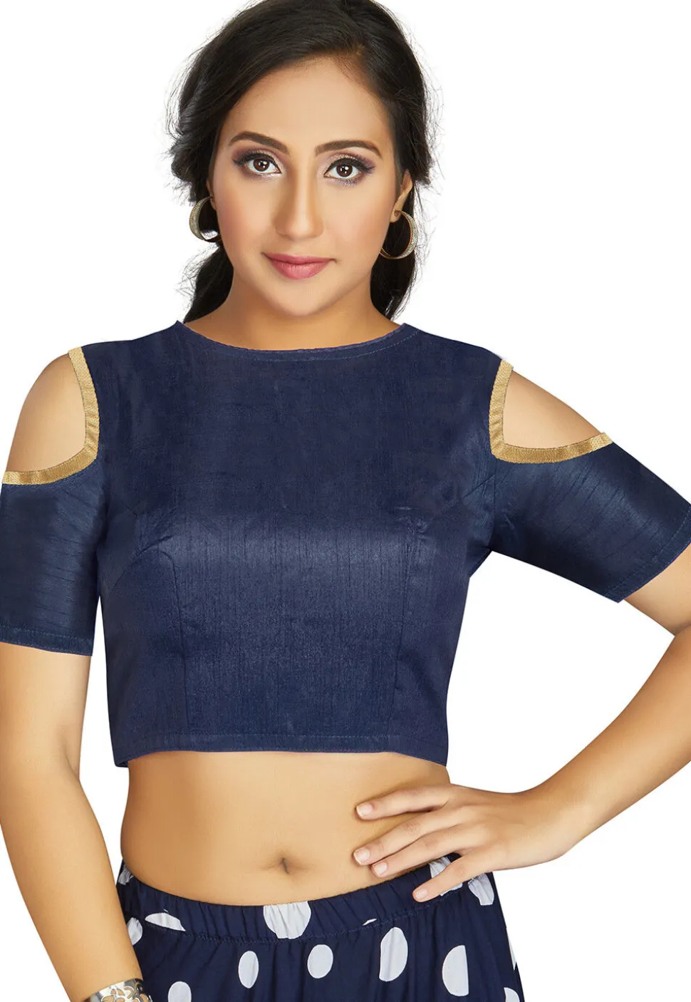 Contrast Trim Art Silk Back Cutout Blouse in Navy Blue