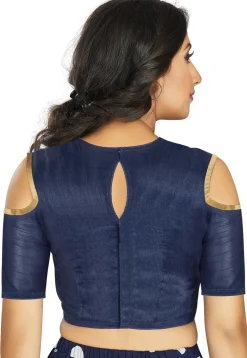 Contrast Trim Art Silk Back Cutout Blouse in Navy Blue