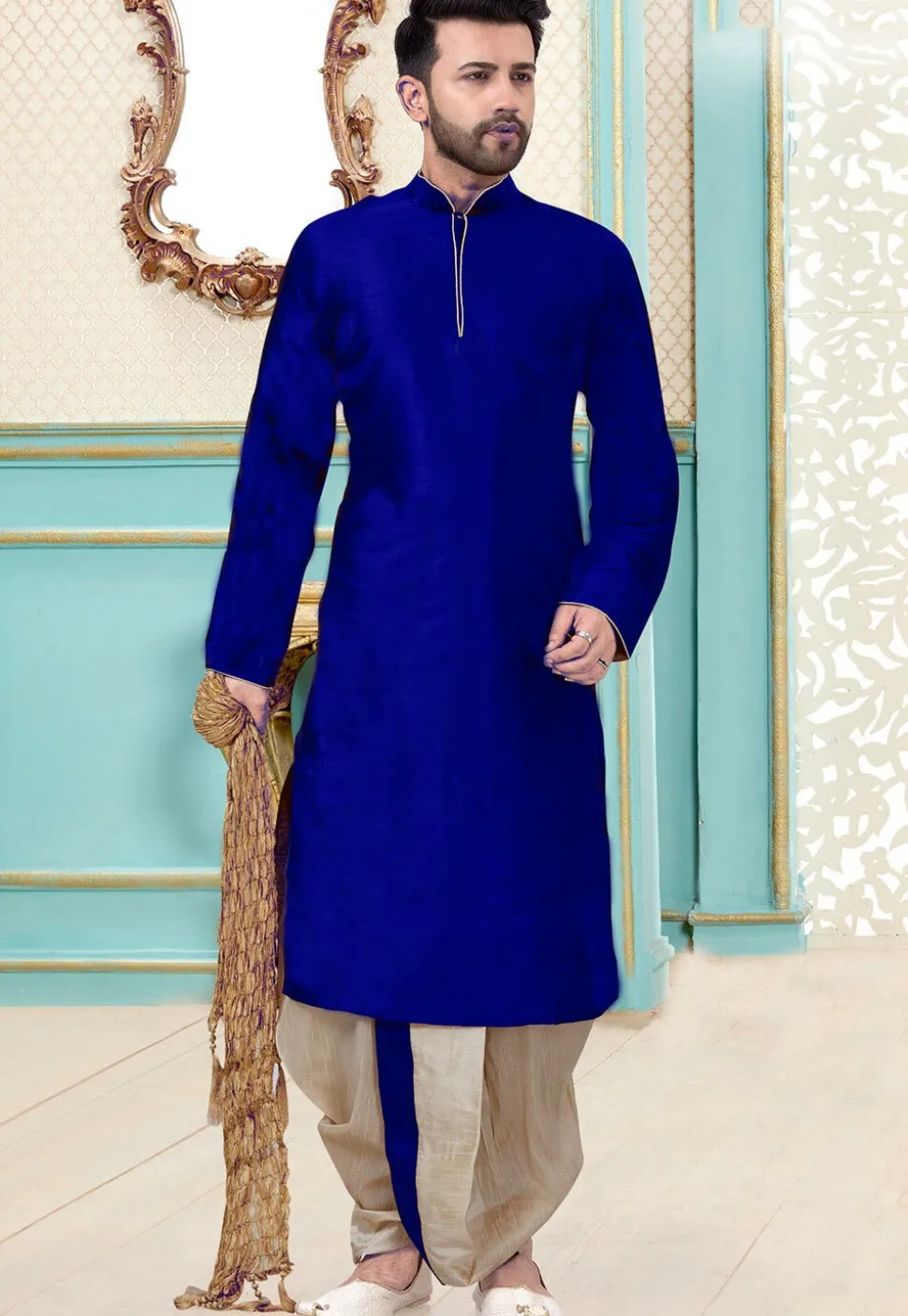 Contrast Trim Art Silk Dhoti Kurta in Royal Blue
