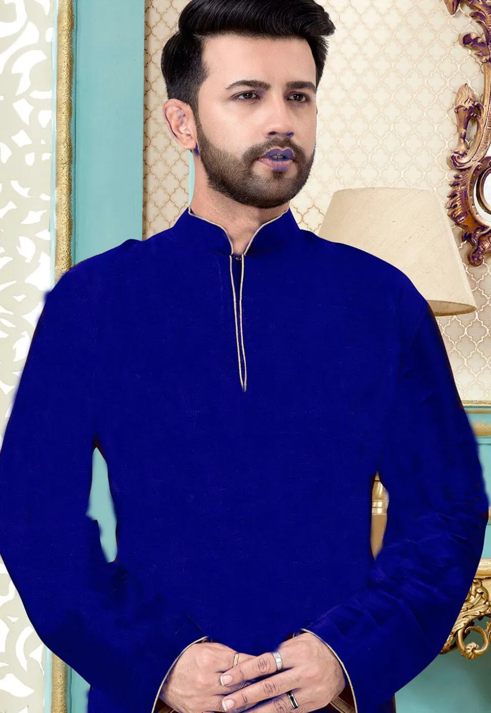 Contrast Trim Art Silk Dhoti Kurta in Royal Blue