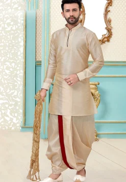 Contrast Trim Art Silk Dhoti Kurta in Beige