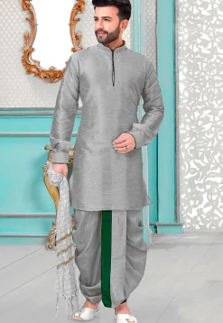 Contrast Trim Art Silk Kurta Set in Grey