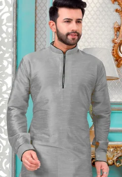 Contrast Trim Art Silk Kurta Set in Grey