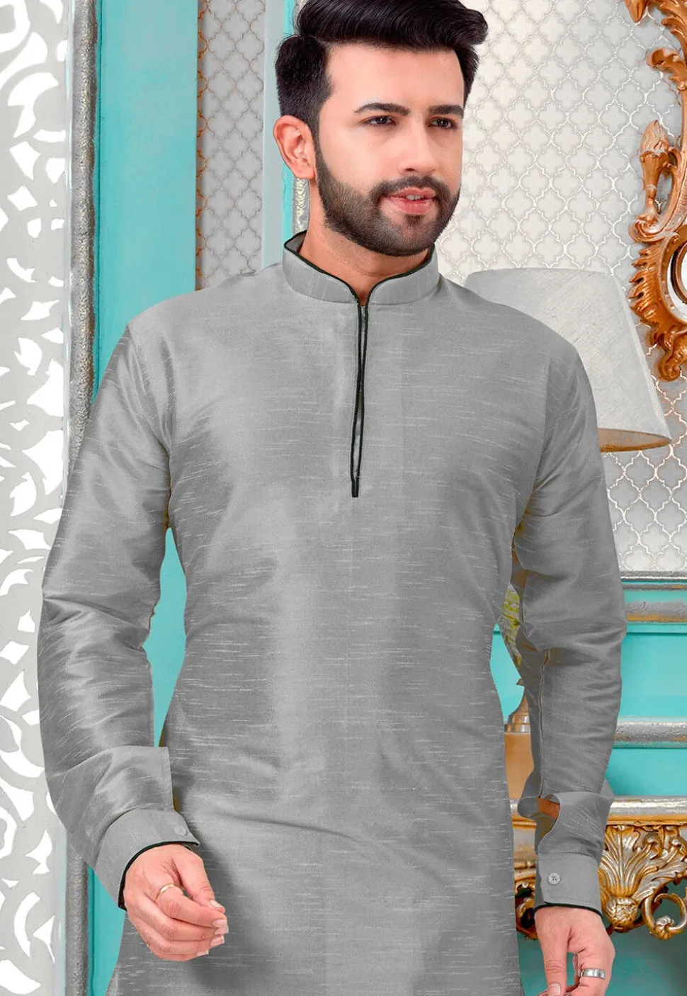 Contrast Trim Art Silk Kurta Set in Grey