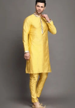 Contrast Trim Art Silk Kurta Set in Yellow