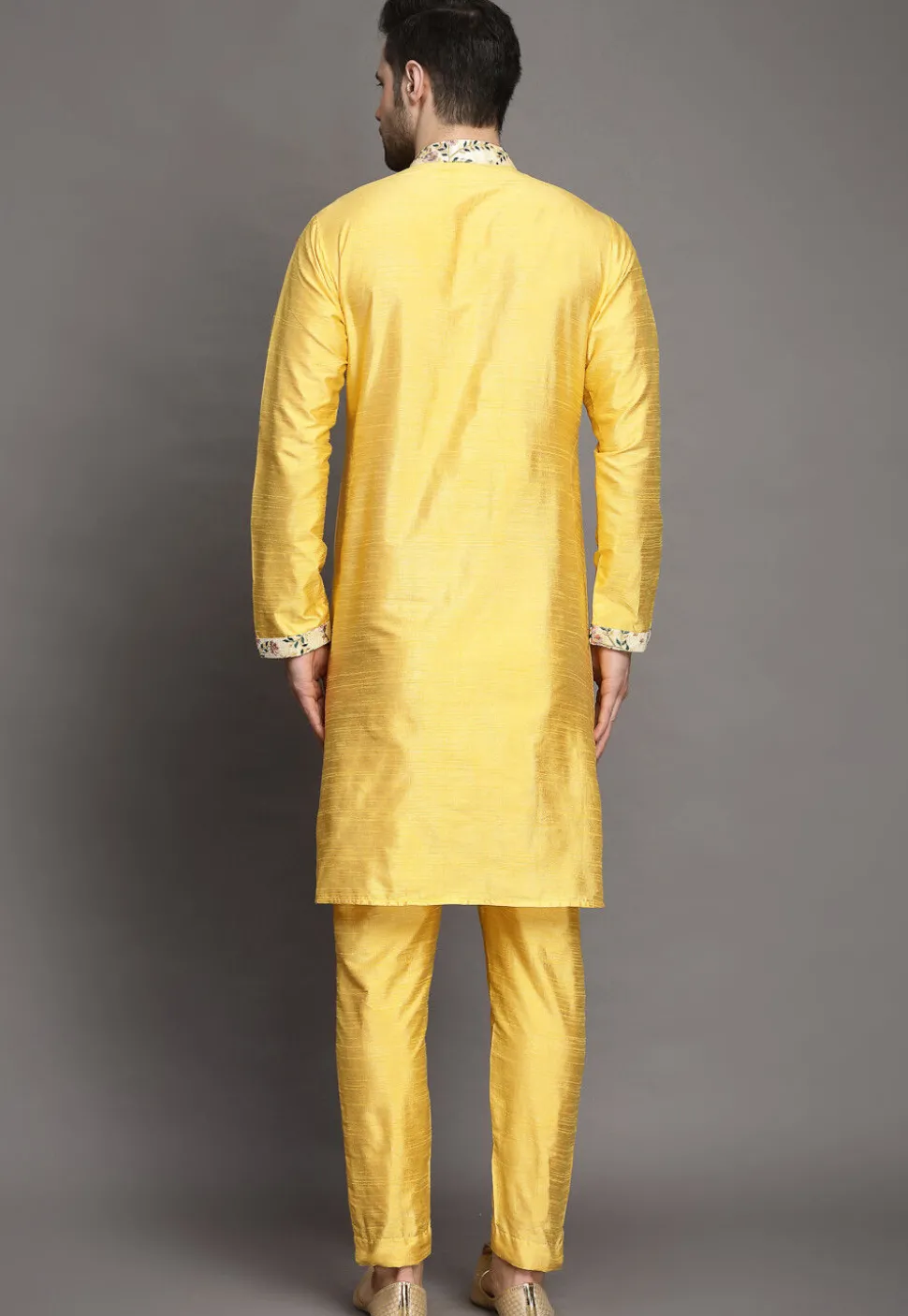 Contrast Trim Art Silk Kurta Set in Yellow