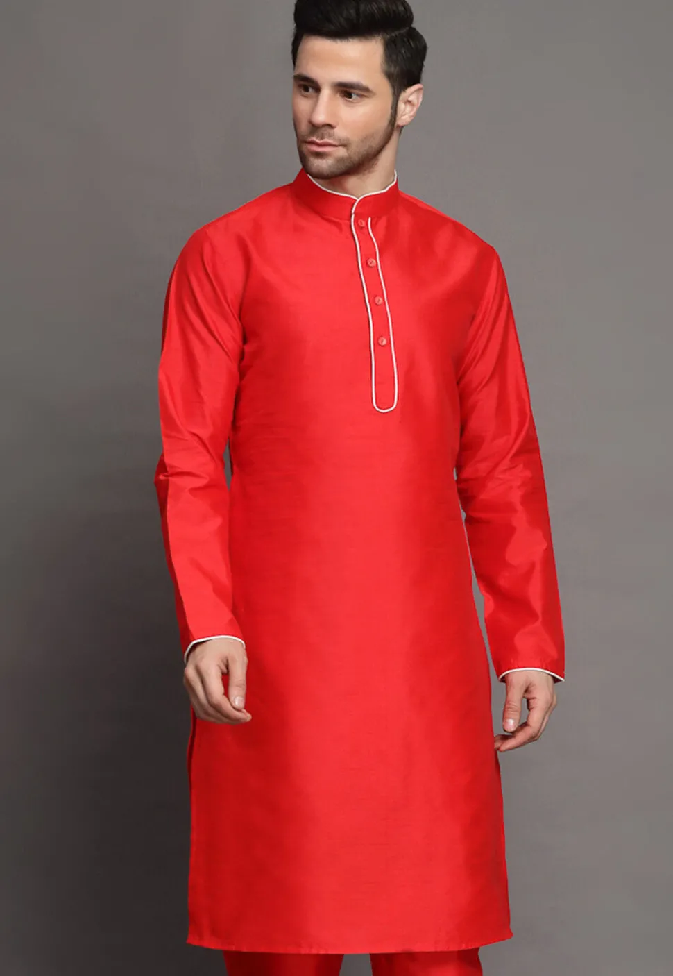 Contrast Trim Art Silk Kurta in Red