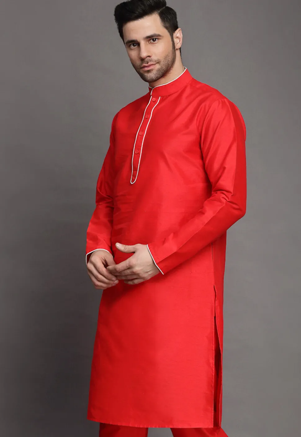 Contrast Trim Art Silk Kurta in Red