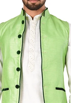 Contrast Trim Art Silk Nehru Jacket in Light Green
