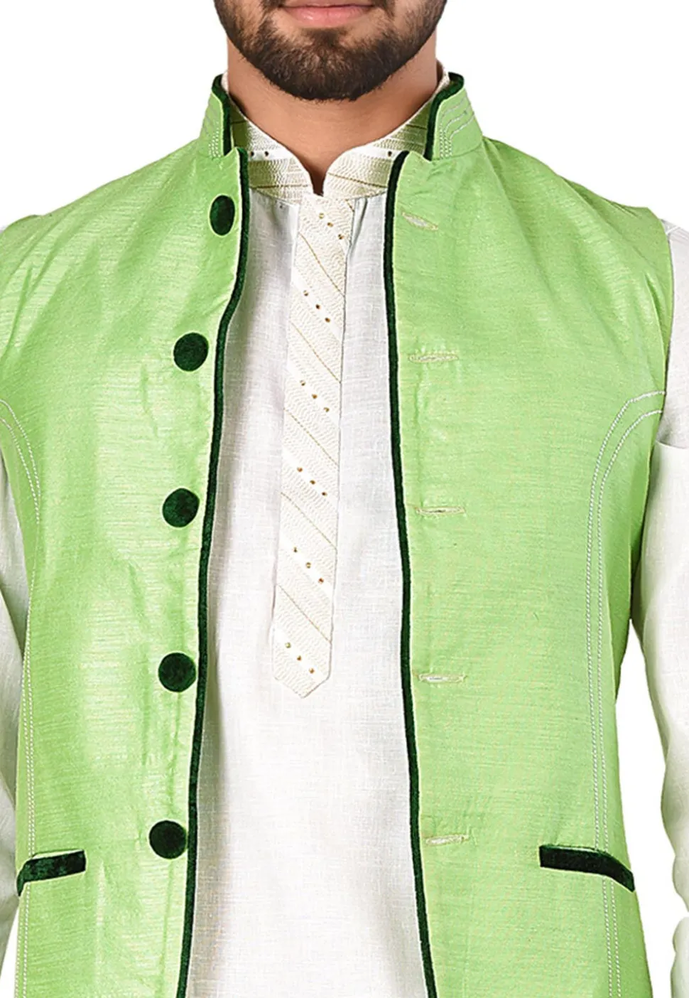Contrast Trim Art Silk Nehru Jacket in Light Green