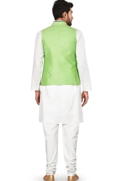 Contrast Trim Art Silk Nehru Jacket in Light Green