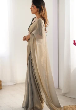 Contrast Trim Chiffon Scalloped Saree in Grey