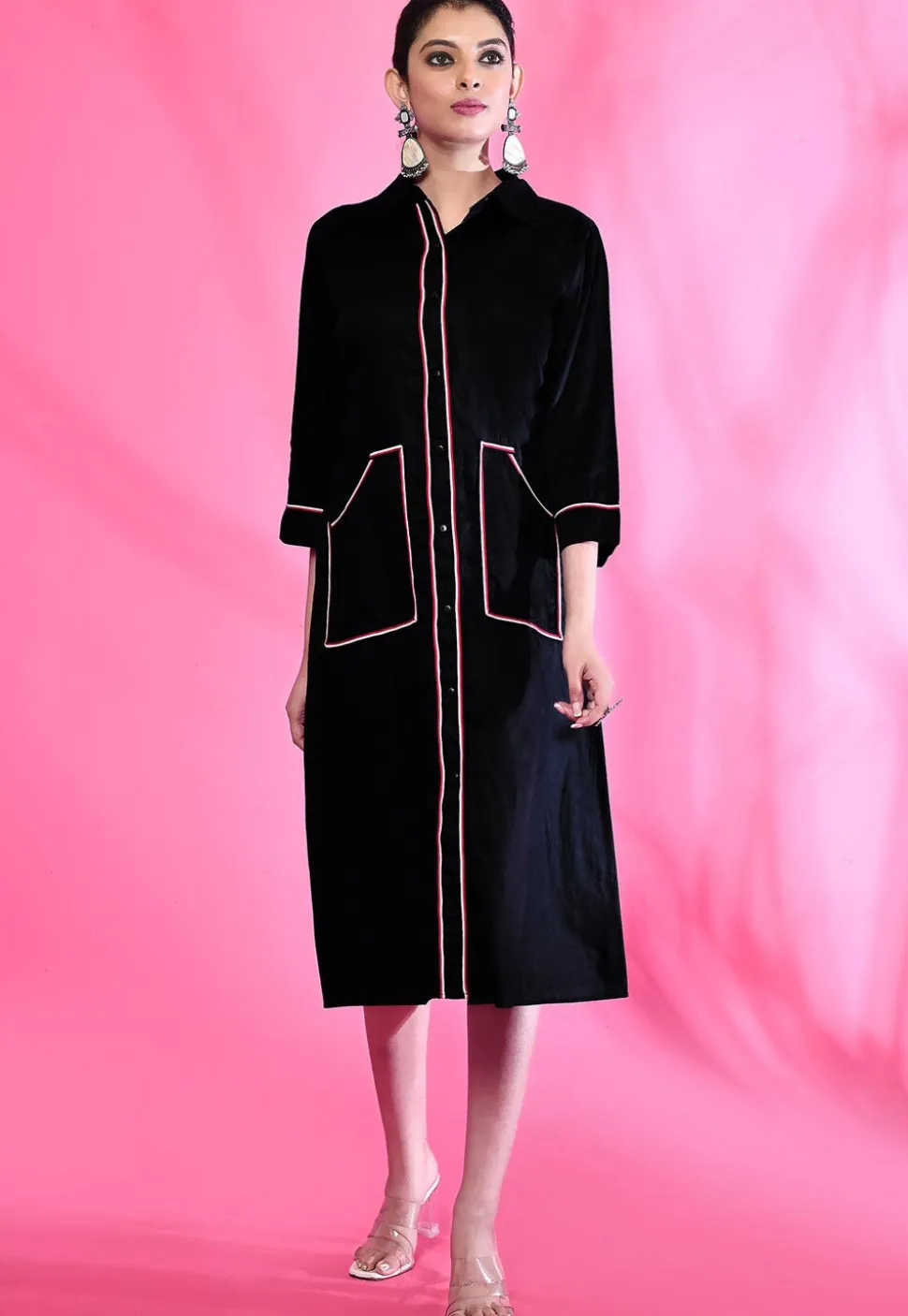 Contrast Trim Cotton Aline Dress in Black