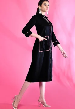Contrast Trim Cotton Aline Dress in Black