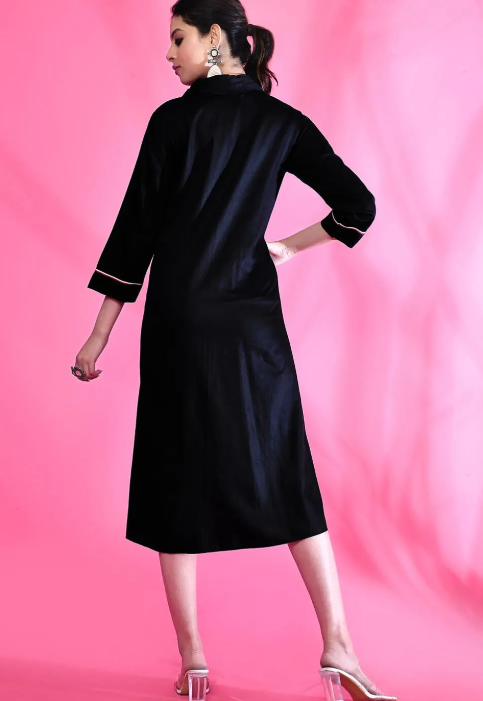 Contrast Trim Cotton Aline Dress in Black