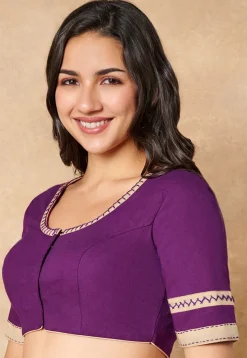 Contrast Trim Cotton Blouse in Purple