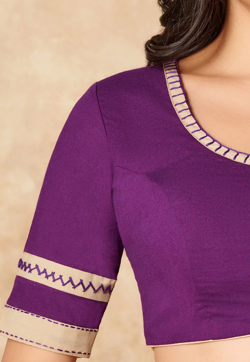 Contrast Trim Cotton Blouse in Purple