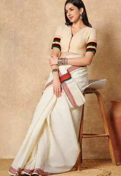 Contrast Trim Cotton Blouse in Cream